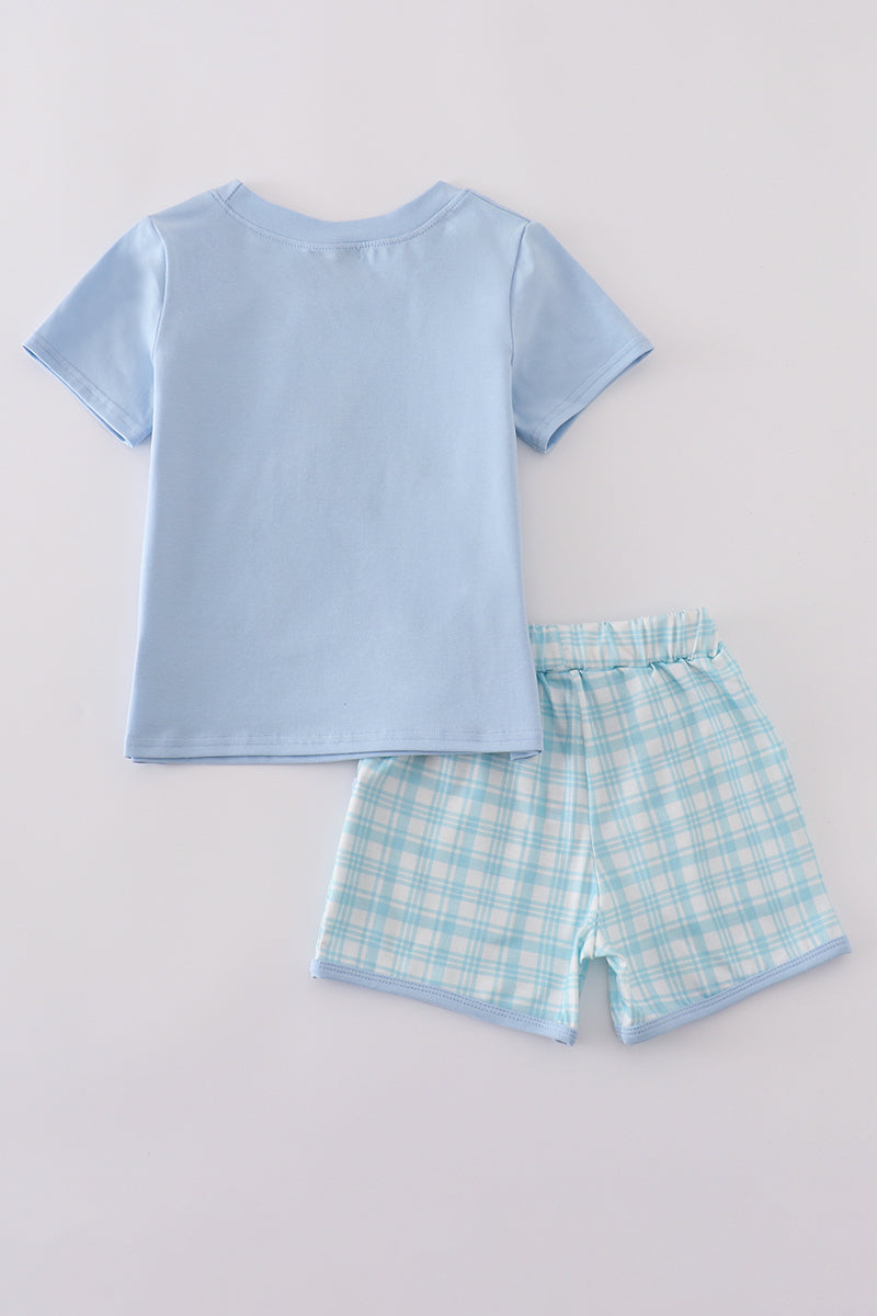 Blue farm-themed shorts set with playful applique designs, perfect for summer fun.