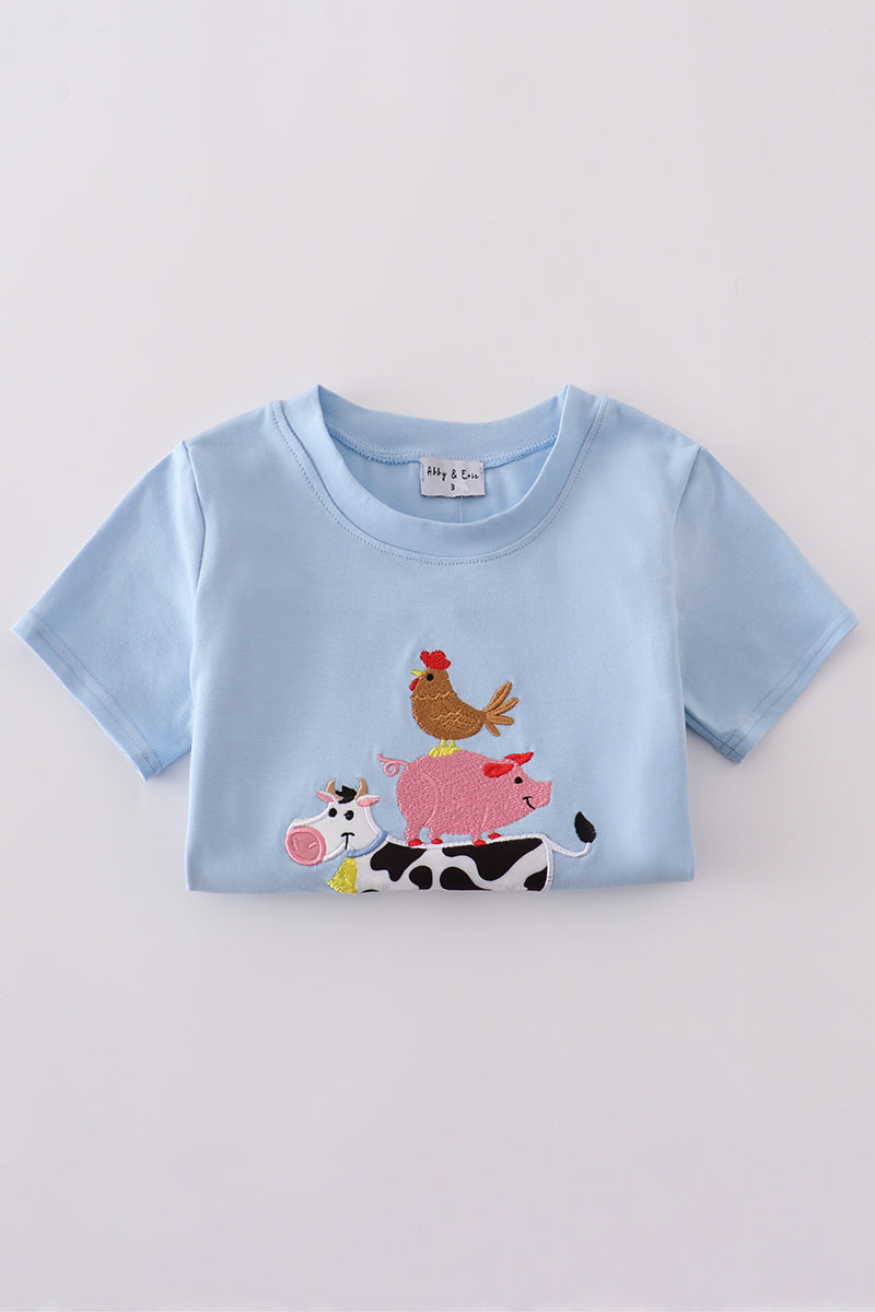 Blue farm-themed shorts set with playful applique designs, perfect for summer fun.