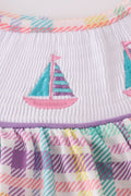 Purple sailboats embroidery bloomer set with ruffled sleeves, perfect for summer fun.