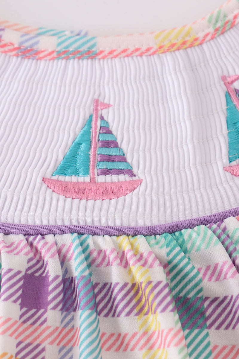 Purple sailboats embroidery bloomer set with ruffled sleeves, perfect for summer fun.