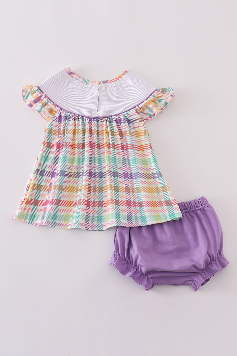 Purple sailboats embroidery bloomer set with ruffled sleeves, perfect for summer fun.