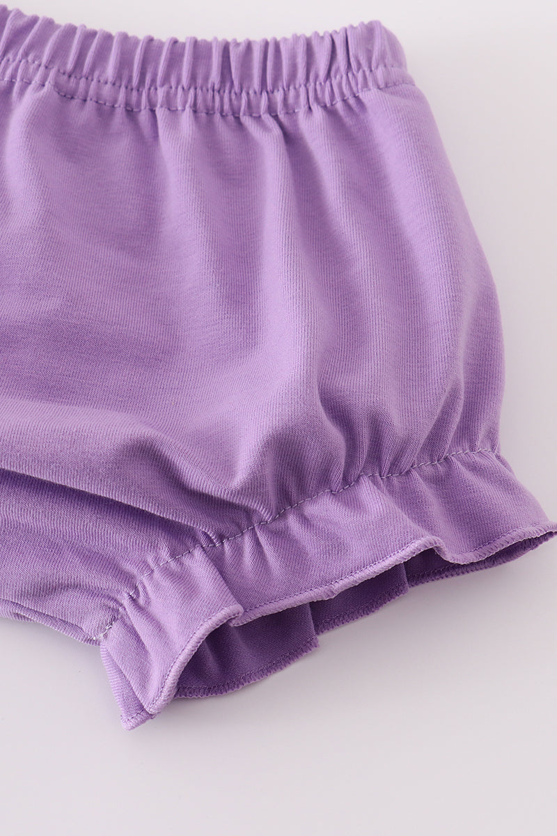 Purple sailboats embroidery bloomer set with ruffled sleeves, perfect for summer fun.