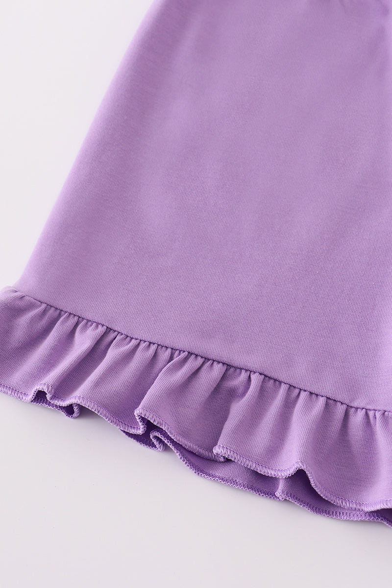 Purple ruffle shorts set with sailboat embroidery, perfect for sunny adventures.