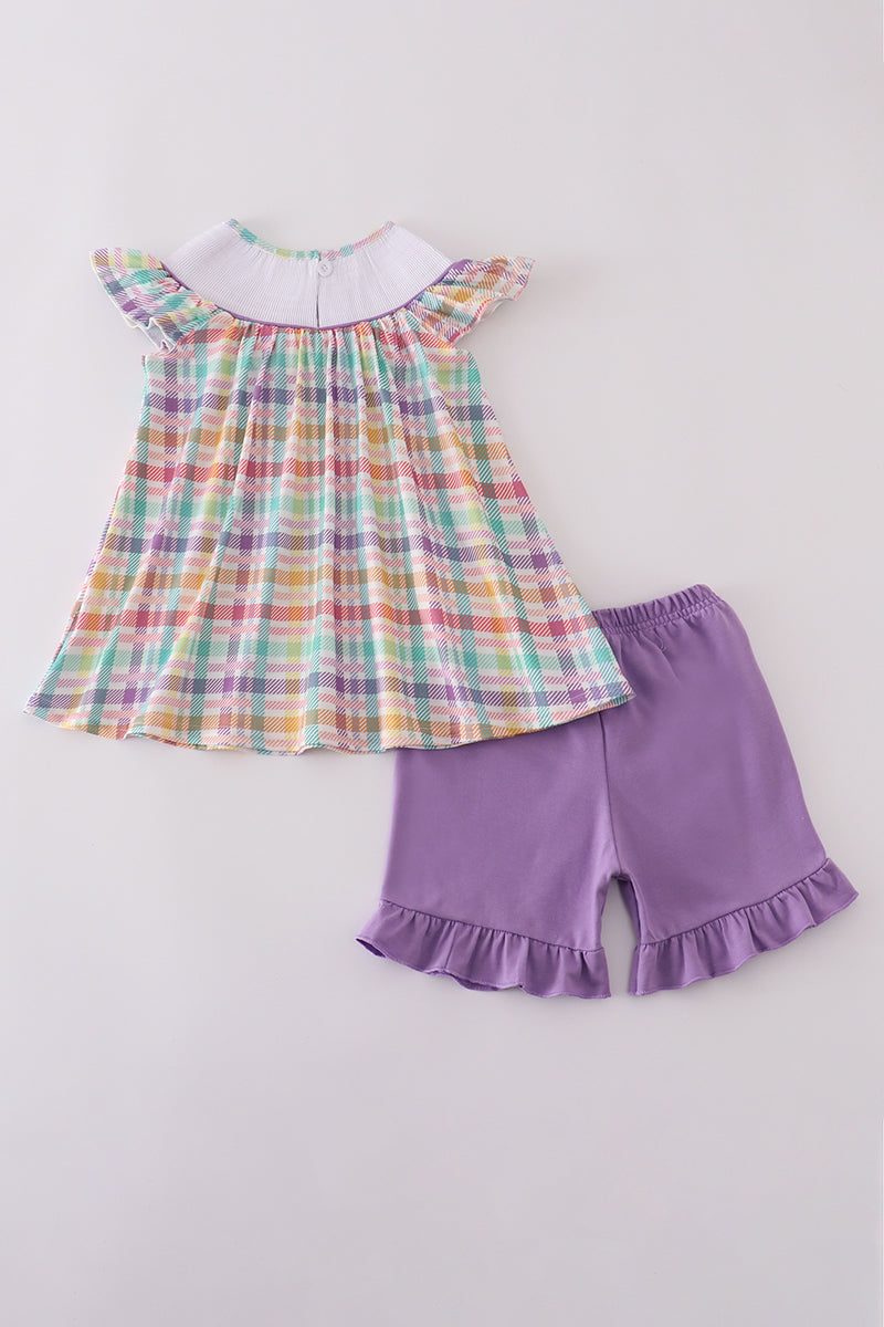 Purple ruffle shorts set with sailboat embroidery, perfect for sunny adventures.