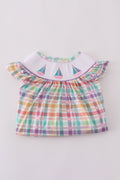 Purple ruffle shorts set with sailboat embroidery, perfect for sunny adventures.