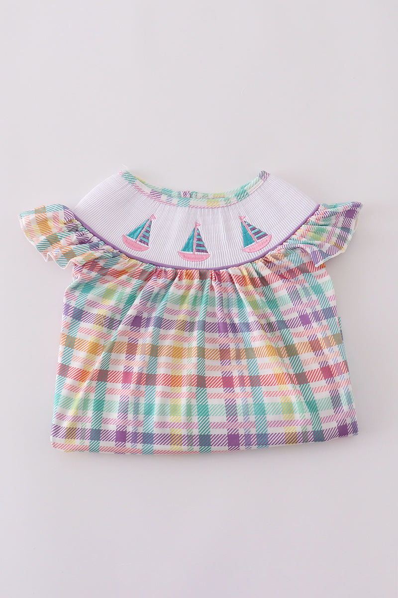 Purple ruffle shorts set with sailboat embroidery, perfect for sunny adventures.