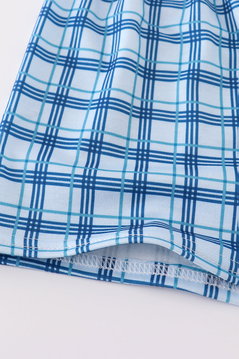 Toddler shorts set with blue sailboats embroidery and smocked detailing, perfect for summer.