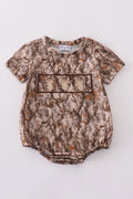 Brown bubble romper with three adorable deer embroidered on the front.