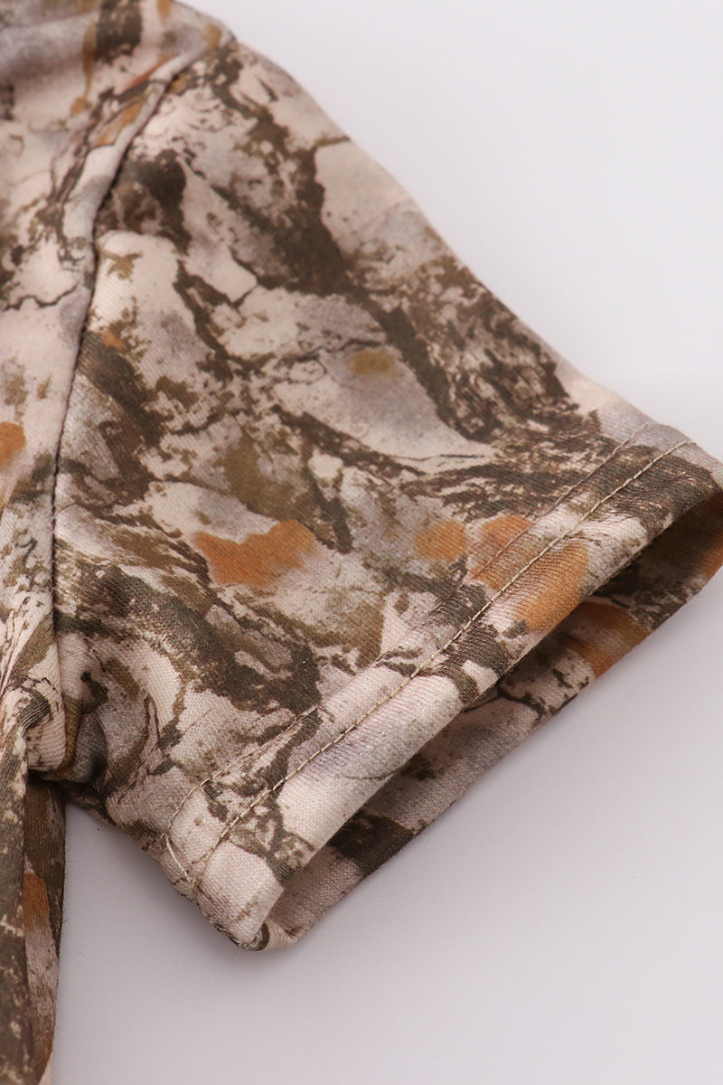 Brown bubble romper with three adorable deer embroidered on the front.