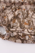 Brown bubble romper with three adorable deer embroidered on the front.
