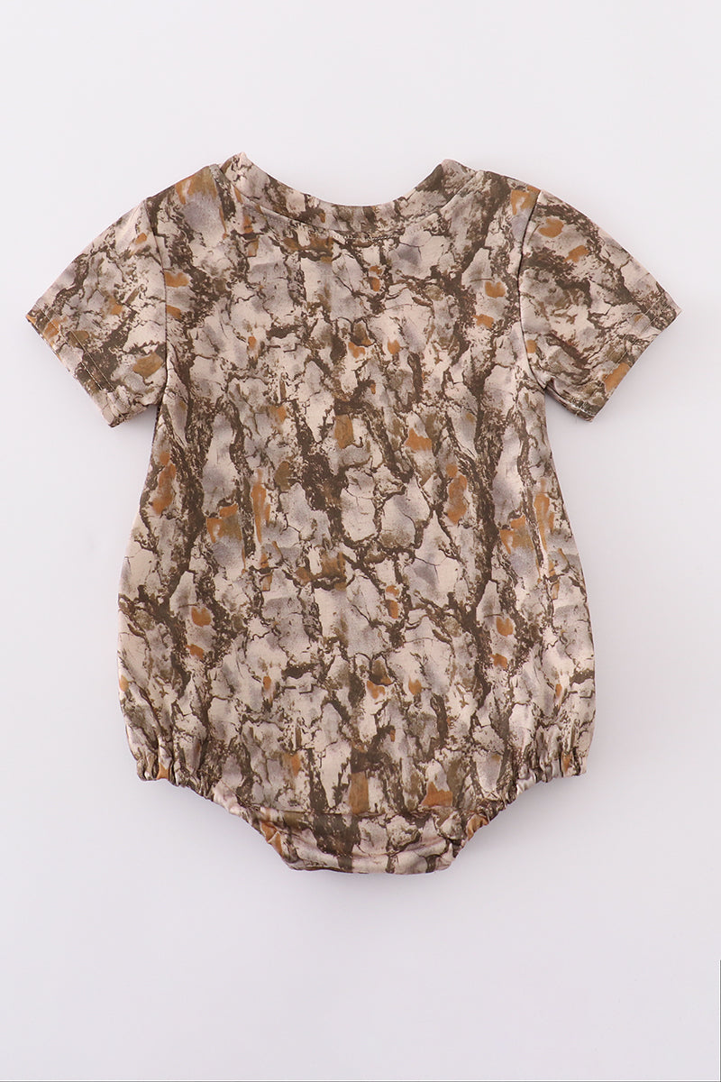 Brown bubble romper with three adorable deer embroidered on the front.