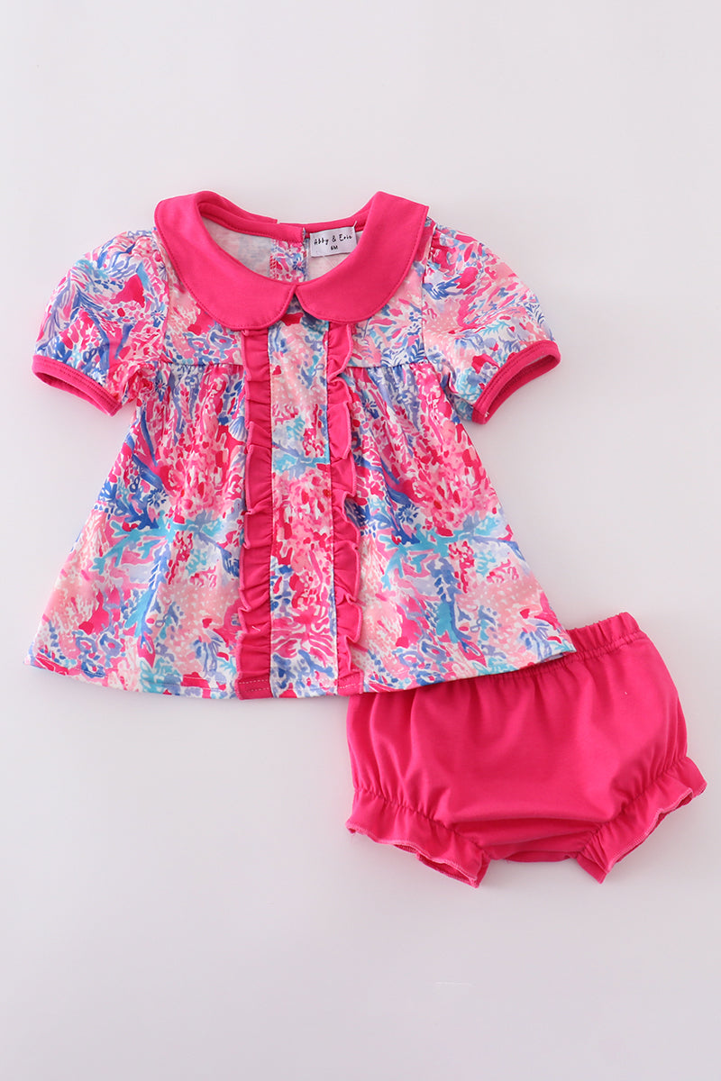 Pink coral reef ruffle bloomer set with playful ocean-themed patterns, perfect for summer.