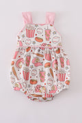 Pink gingham bubble romper with playful baseball print, perfect for summer fun.