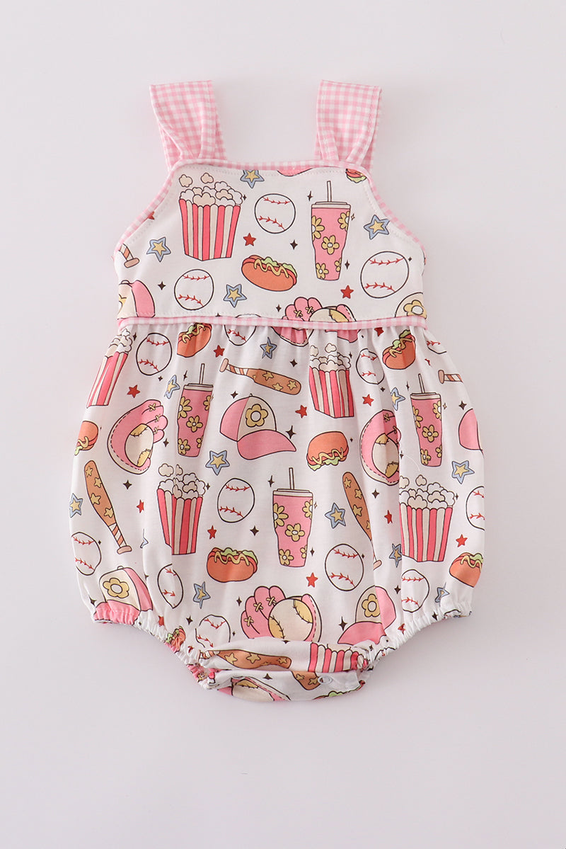 Pink gingham bubble romper with playful baseball print, perfect for summer fun.