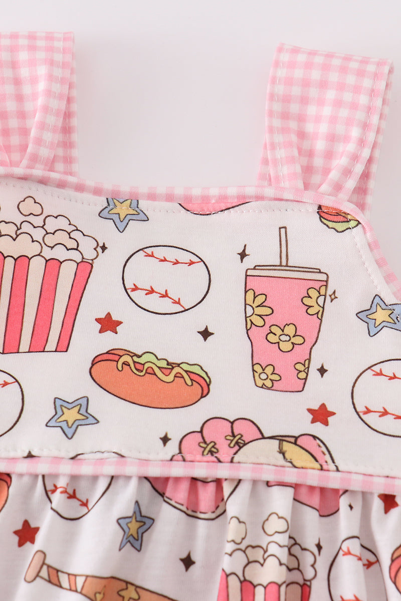 Pink gingham bubble romper with playful baseball print, perfect for summer fun.