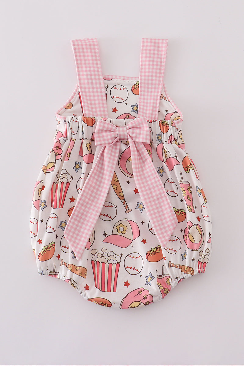 Pink gingham bubble romper with playful baseball print, perfect for summer fun.