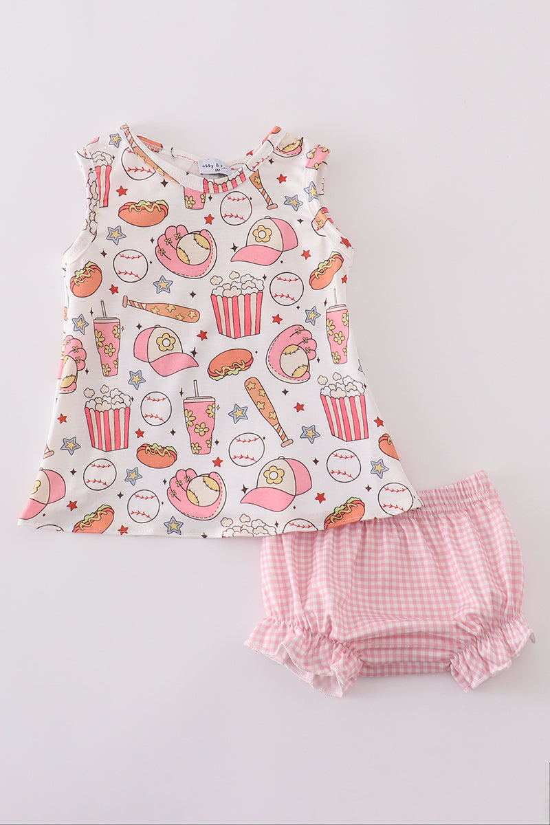 Pink gingham bloomer set with playful baseball print, perfect for summer playdates.