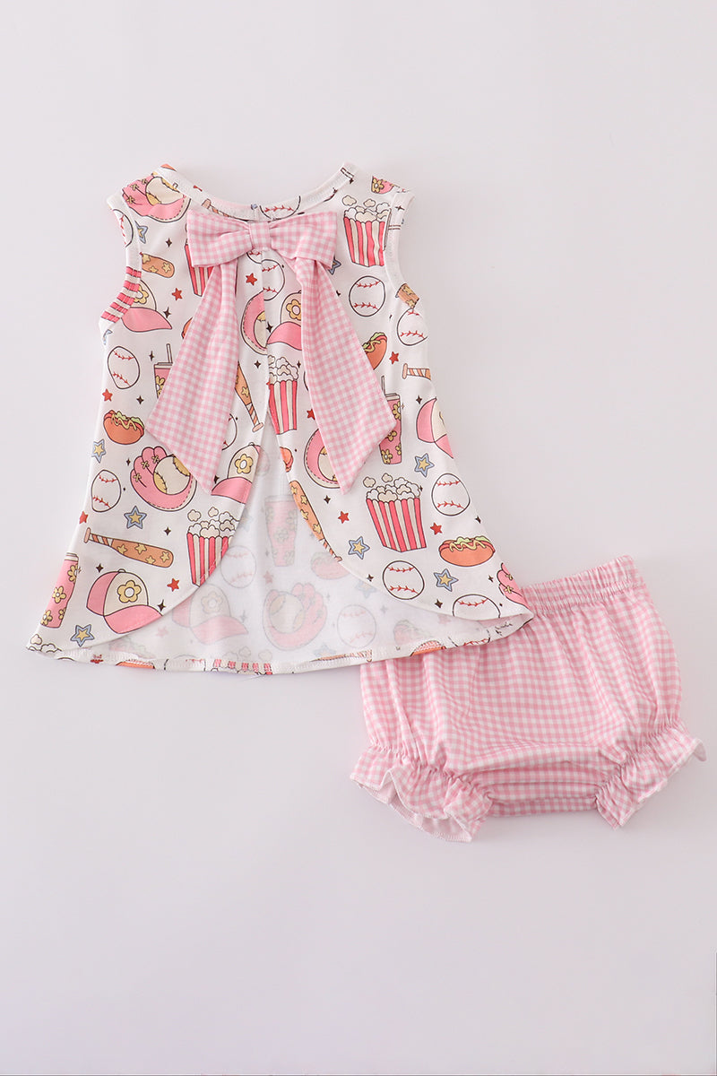 Pink gingham bloomer set with playful baseball print, perfect for summer playdates.