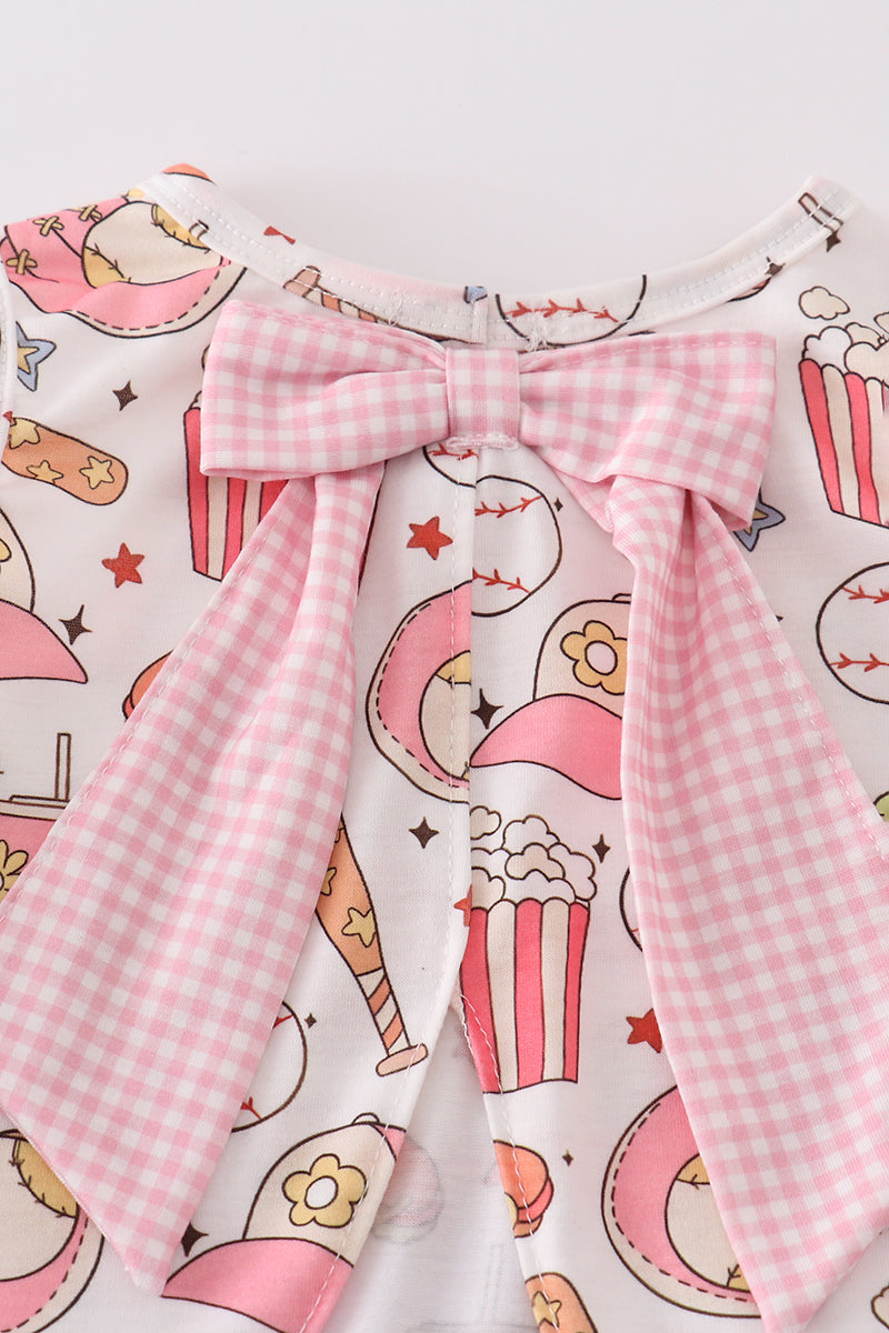 Pink gingham bloomer set with playful baseball print, perfect for summer playdates.