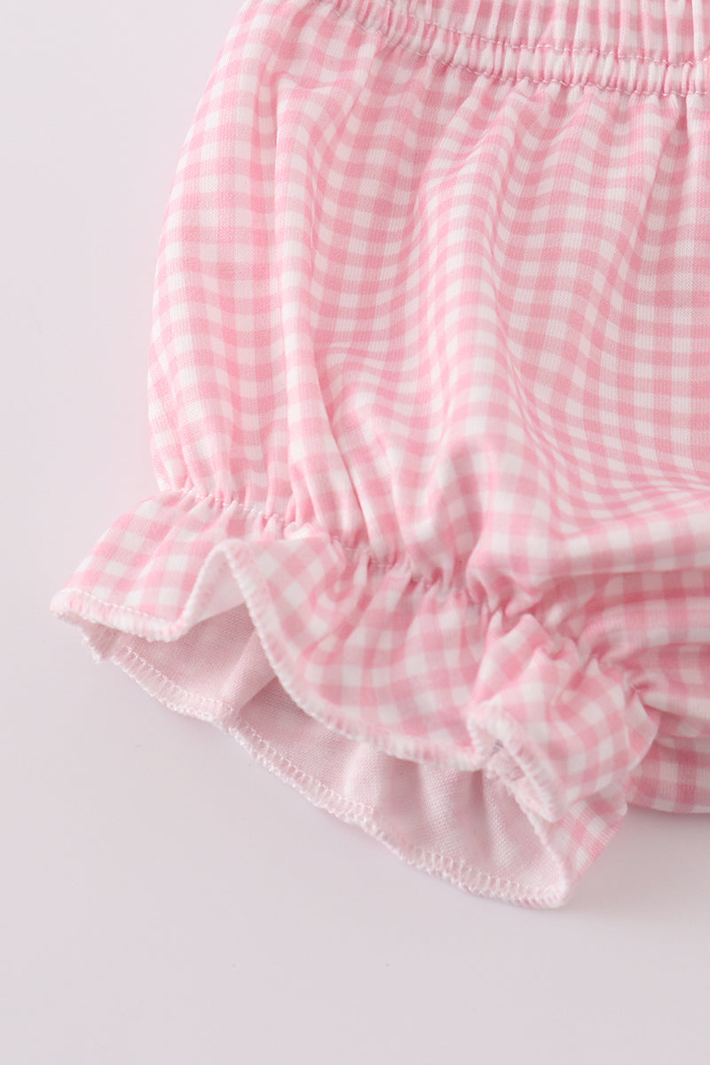 Pink gingham bloomer set with playful baseball print, perfect for summer playdates.