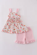 Pink gingham ruffle shorts set with baseball print, perfect for playful summer days.