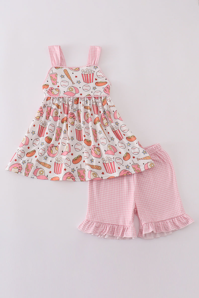 Pink gingham ruffle shorts set with baseball print, perfect for playful summer days.
