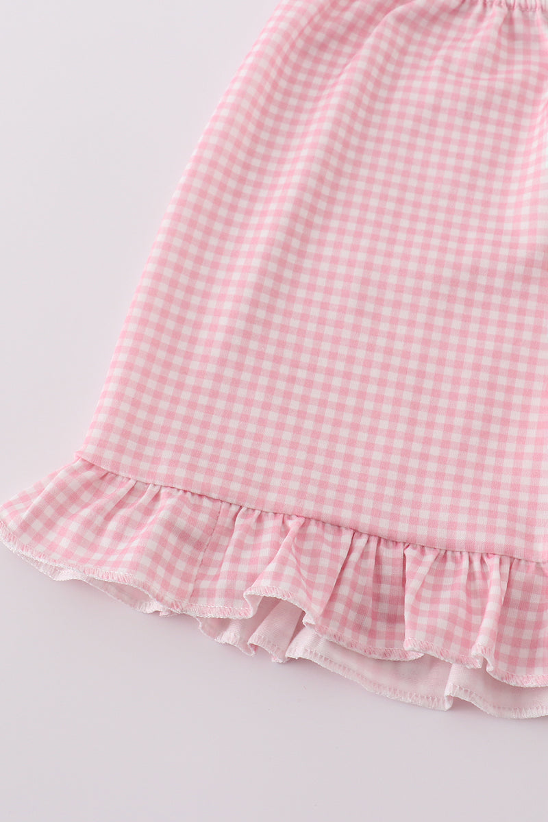 Pink gingham ruffle shorts set with baseball print, perfect for playful summer days.