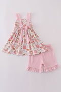 Pink gingham ruffle shorts set with baseball print, perfect for playful summer days.