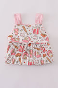 Pink gingham ruffle shorts set with baseball print, perfect for playful summer days.