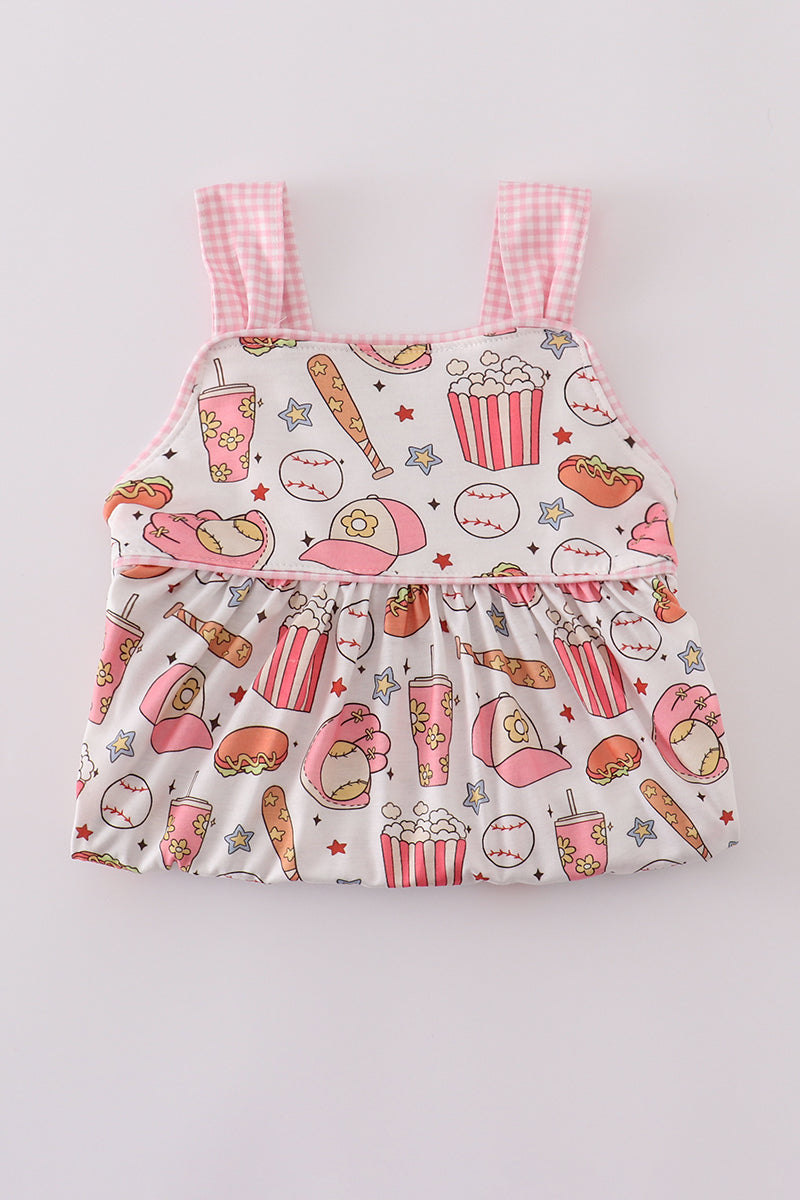 Pink gingham ruffle shorts set with baseball print, perfect for playful summer days.