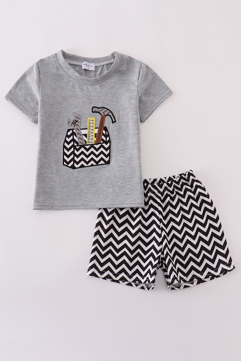 Gray shorts set with colorful tool box applique, perfect for playful kids.