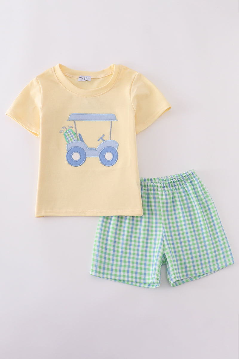 Yellow gingham shorts set with cute golf cart applique, perfect for summer fun.