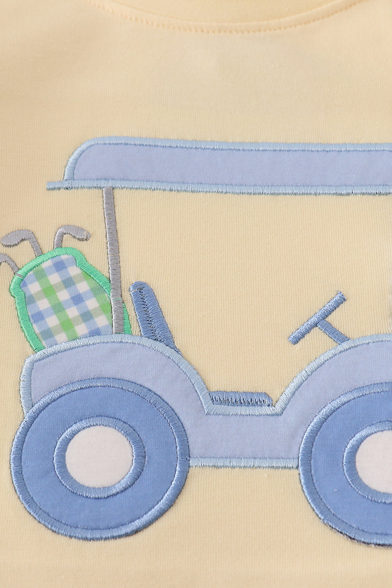 Yellow gingham shorts set with cute golf cart applique, perfect for summer fun.