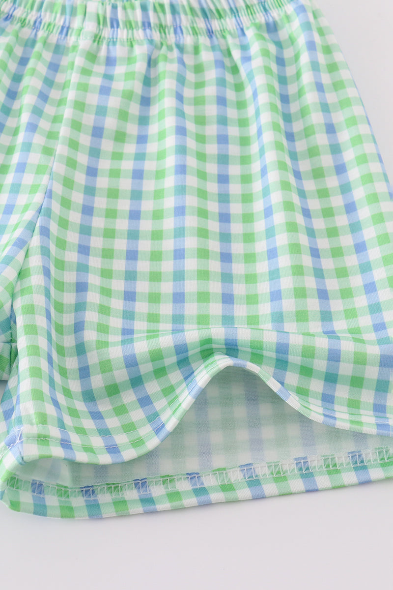 Yellow gingham shorts set with cute golf cart applique, perfect for summer fun.