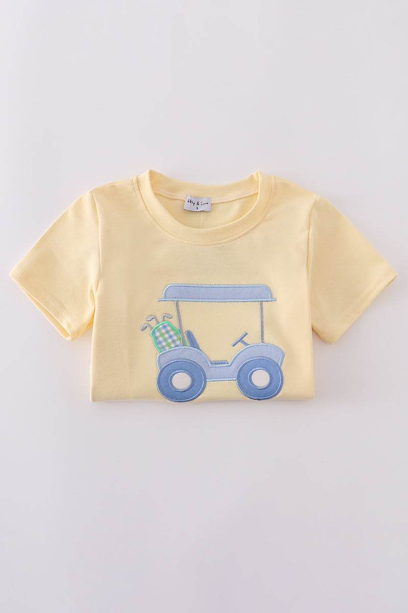 Yellow gingham shorts set with cute golf cart applique, perfect for summer fun.