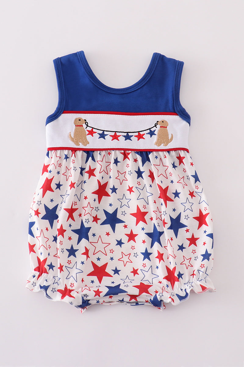 Blue bubble romper with playful puppy and star embroidery, perfect for toddlers.