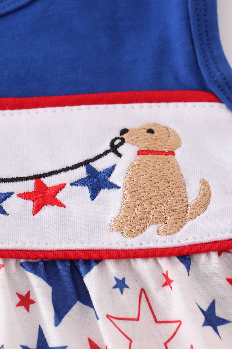 Blue bubble romper with playful puppy and star embroidery, perfect for toddlers.