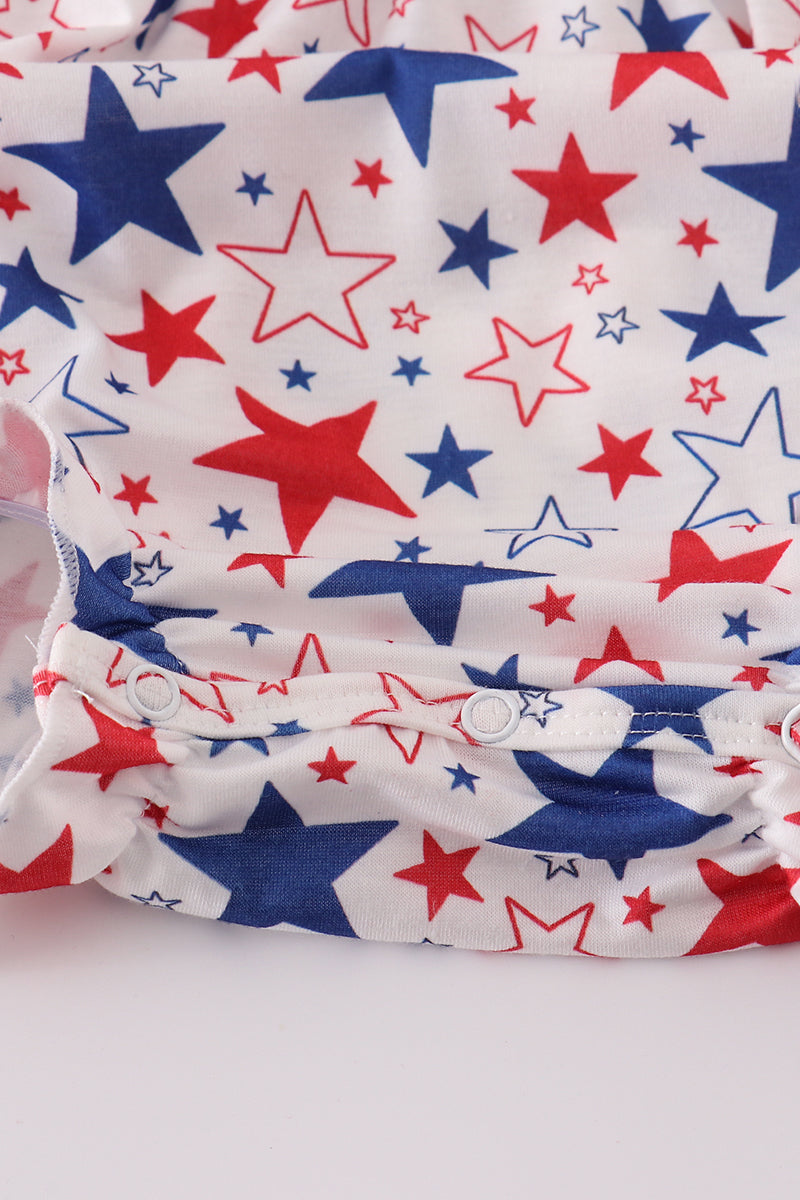 Blue bubble romper with playful puppy and star embroidery, perfect for toddlers.
