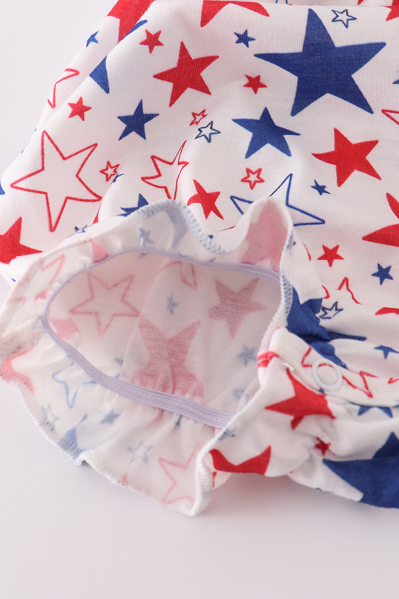Blue bubble romper with playful puppy and star embroidery, perfect for toddlers.