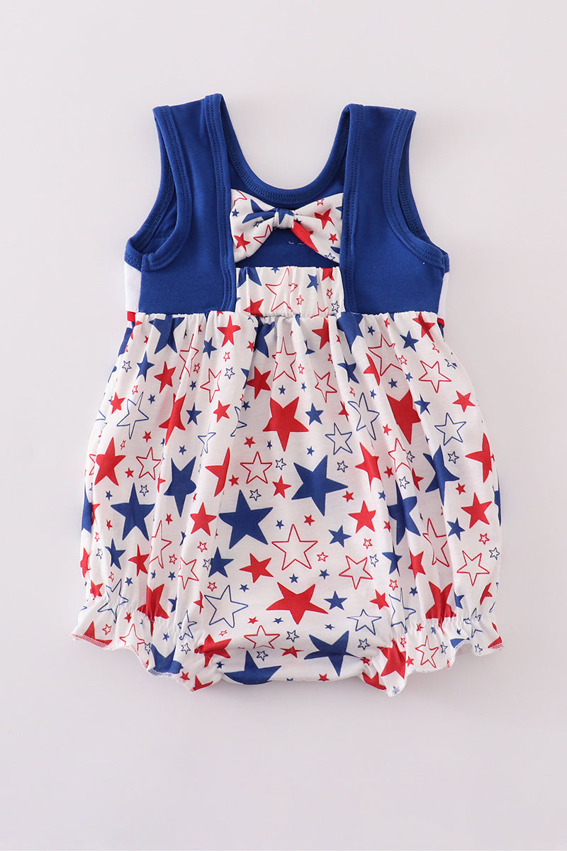 Blue bubble romper with playful puppy and star embroidery, perfect for toddlers.