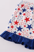 Adorable blue ruffle shorts set with puppy and star embroidery, perfect for playtime.