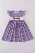 Purple smocked dress with gold LSU geaux embroidery, perfect for game day.