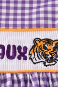 Purple smocked dress with gold LSU geaux embroidery, perfect for game day.