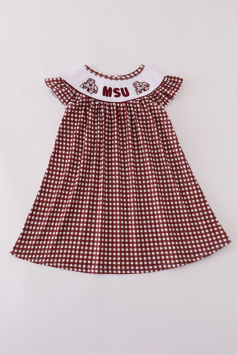 A charming gingham dress with MSU embroidery, perfect for game day.