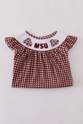 A charming gingham dress with MSU embroidery, perfect for game day.