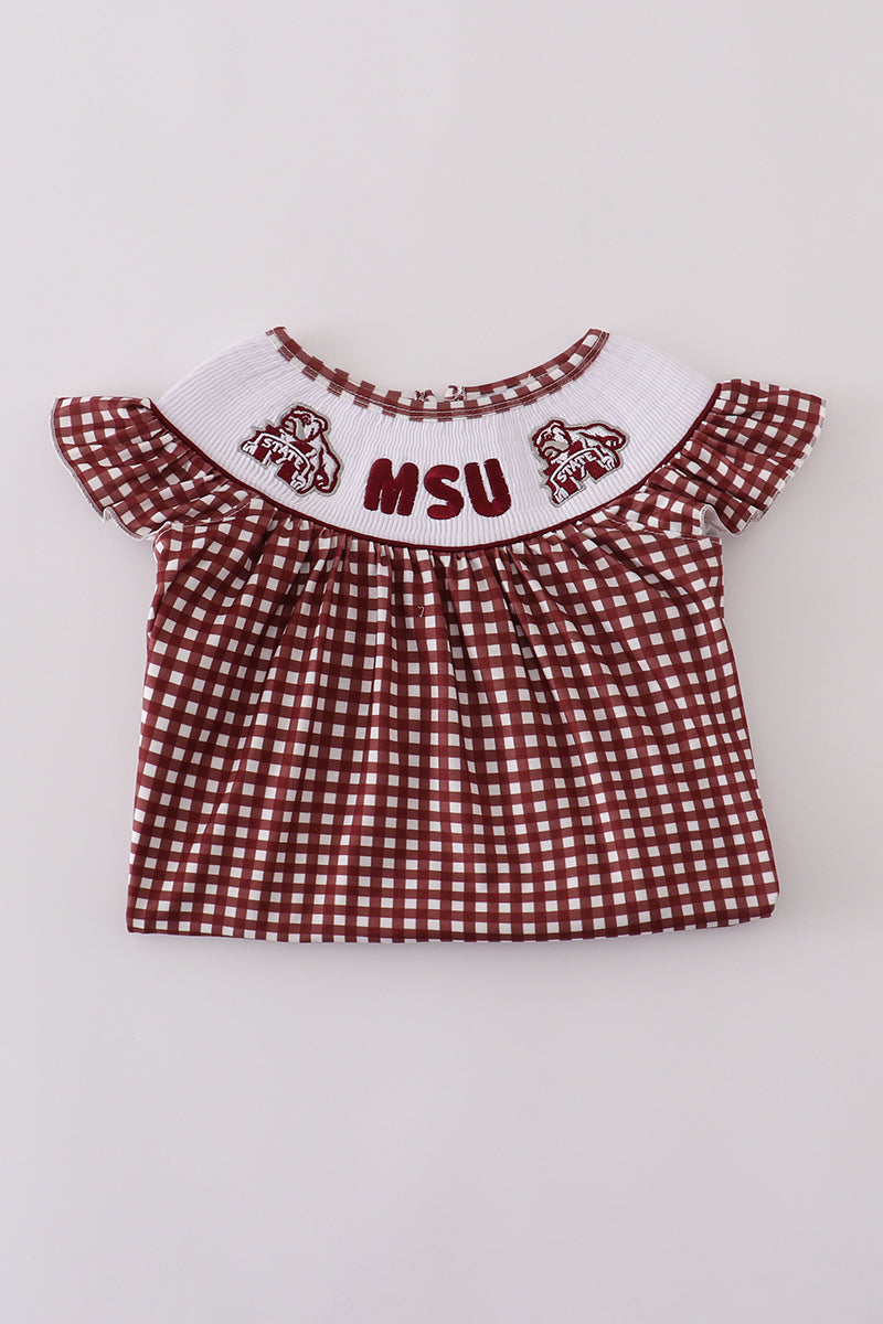 A charming gingham dress with MSU embroidery, perfect for game day.