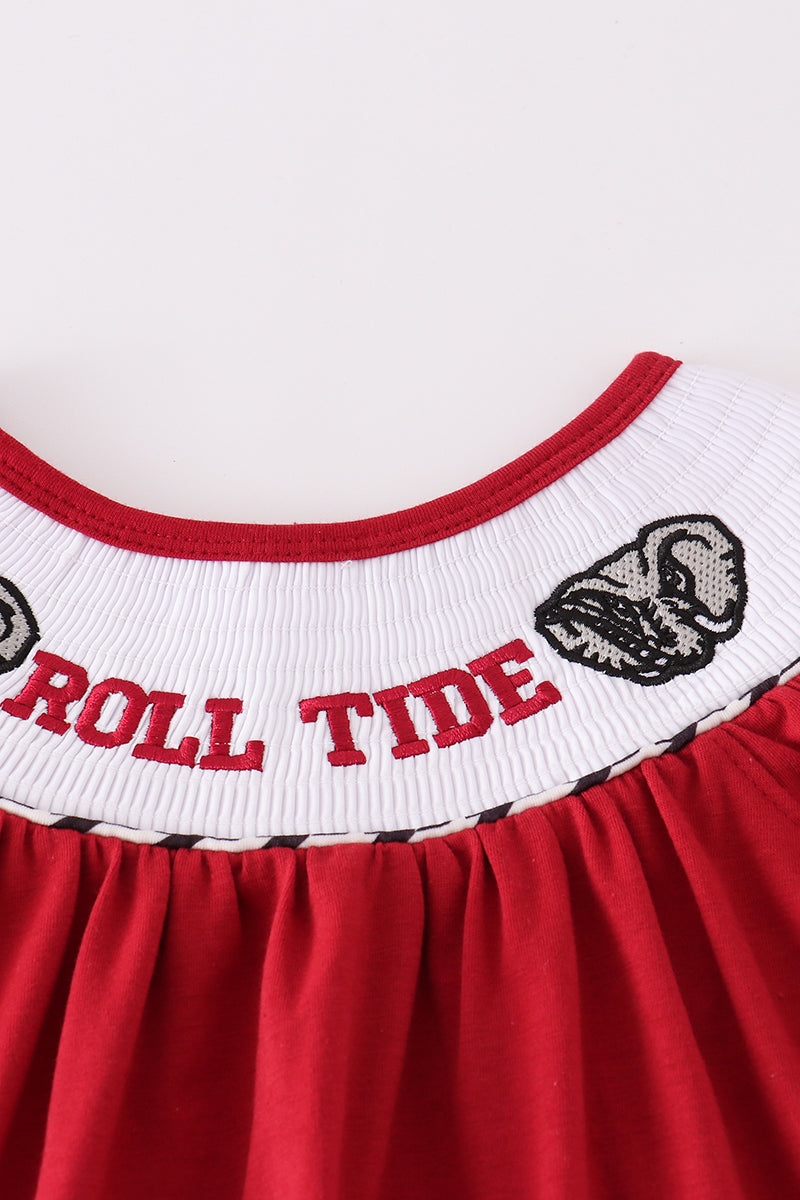 Maroon Alabama Roll Tide smocked shorts set with embroidered elephants.