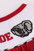 Maroon Alabama Roll Tide smocked shorts set with embroidered elephants.
