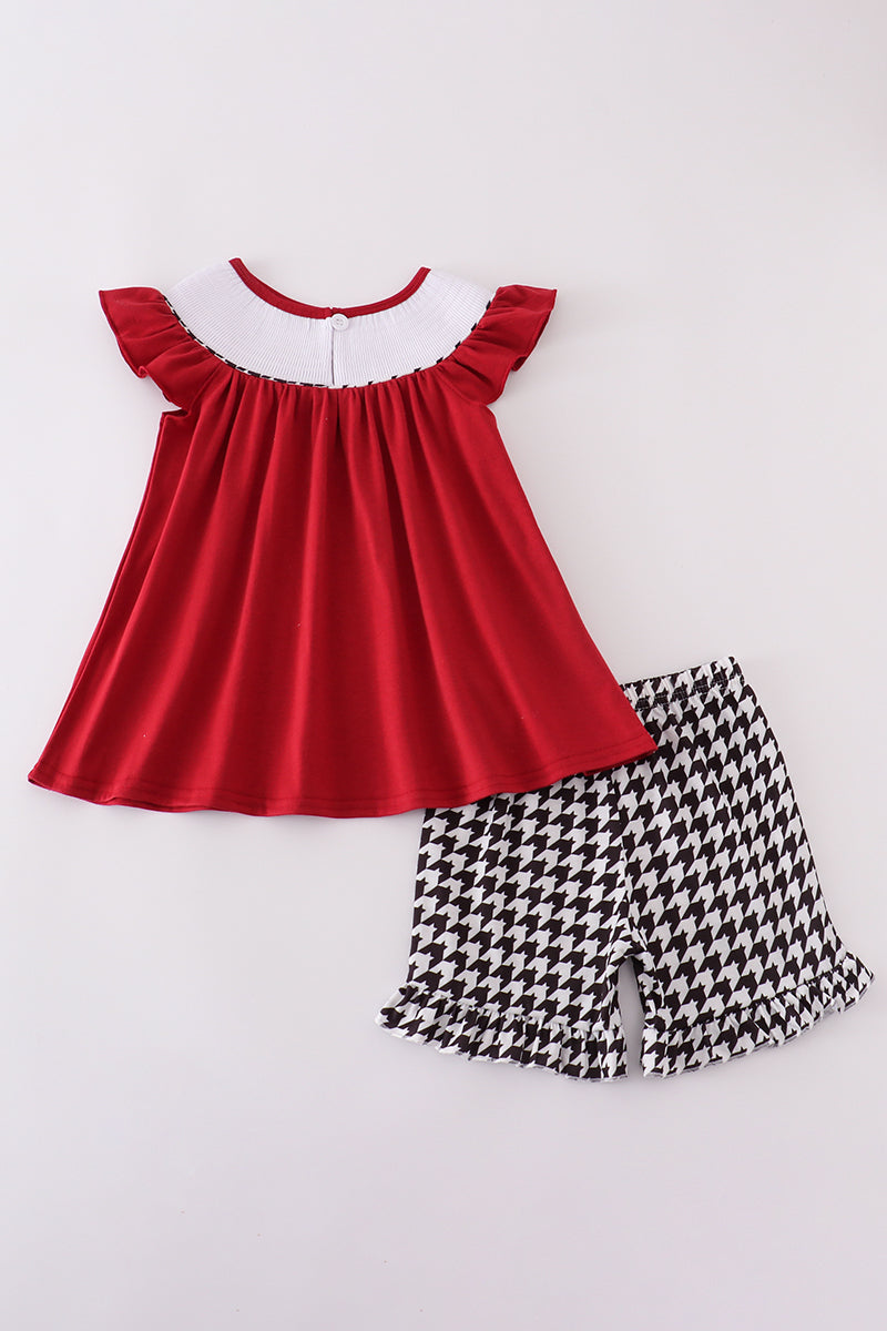 Maroon Alabama Roll Tide smocked shorts set with embroidered elephants.