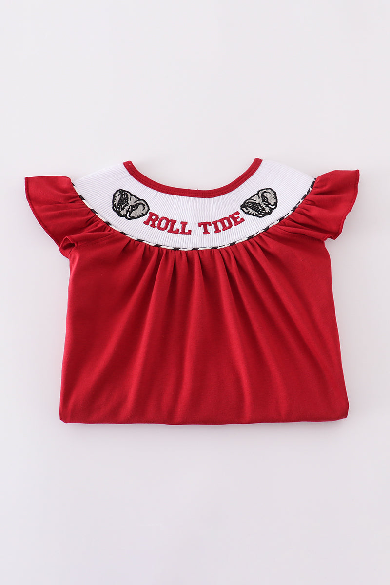 Maroon Alabama Roll Tide smocked shorts set with embroidered elephants.